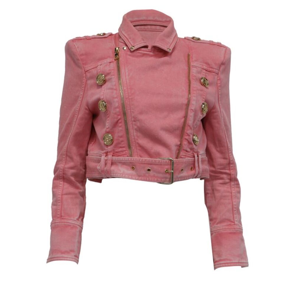 Balmain Belted Cropped Denim Jacket in Pink Cotton